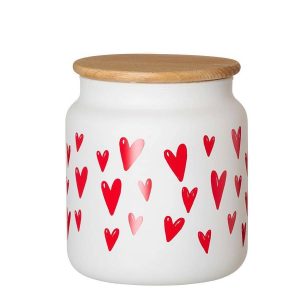 Barattolo in vetro bianco cuori rossi – 12 x 13 cm