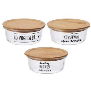 Contenitore per alimenti in vetro con coperchio in bamboo – ⌀ 16 x h 6 cm